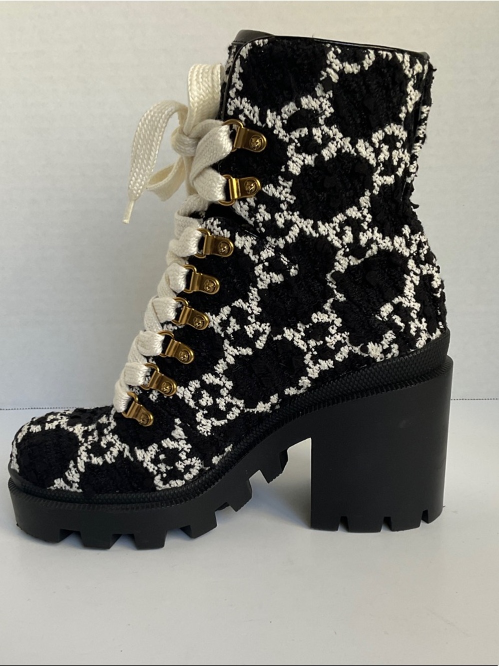 Gucci Black & White Lace-Up Chunky Lug Heel Ankle Boot